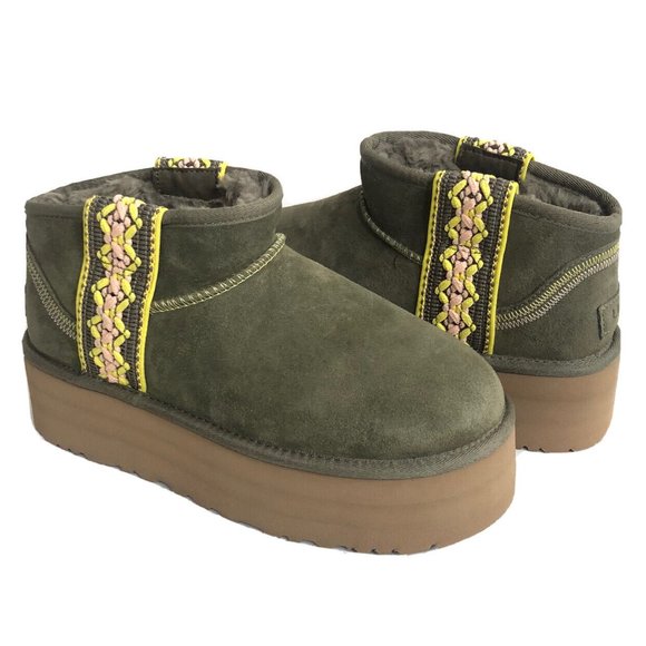 UGG Shoes - NIB UGG PLATFORM TASMAN BRAID ULTRA MINI SUEDE SHEARLING LINED BOOTS OLIVE GREEN